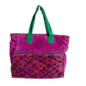 Vintage Genuine Italian Leather Tote Bag Fuchsia Green Woven Net Made in Italy‎